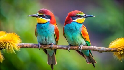 Fototapeta premium Two Colorful Birds Perched Together on a Branch, Symbolizing Duality and Harmony in Nature