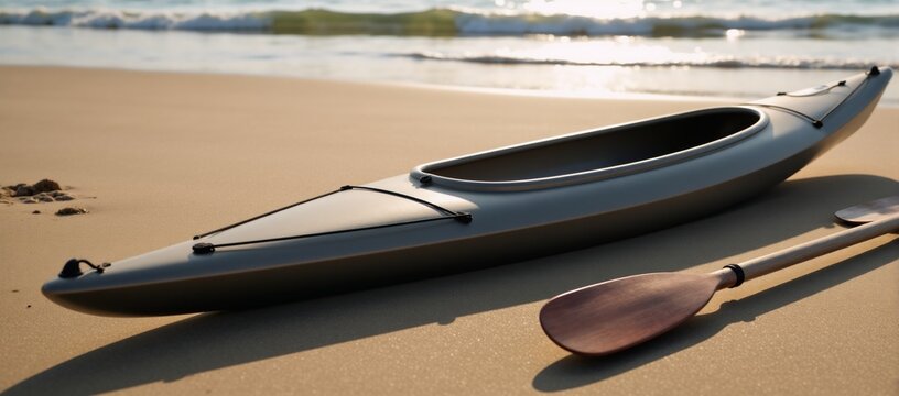 A detailed 3D model of a kayak and paddles on the shoreline - Powered by Adobe