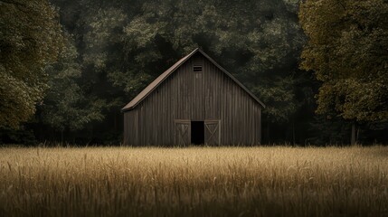 Obraz premium Rustic barn surrounded by golden fields and dense forest