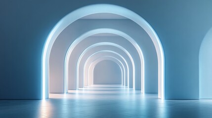 Fototapeta premium Abstract Interior with Glowing Arches and a Reflective Floor
