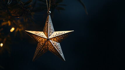 Obraz premium A golden star ornament illuminates the Christmas tree, adding warmth to the festive atmosphere