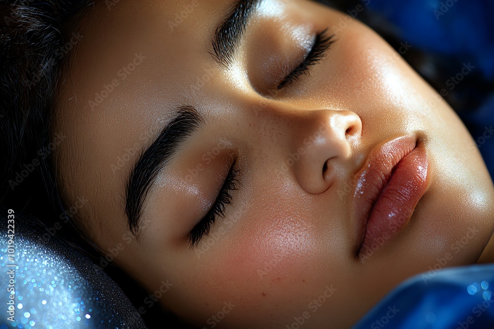 Poster hyper-realistic close-up of a personâ€™s peaceful face as they sleep at night, with the faint glow o