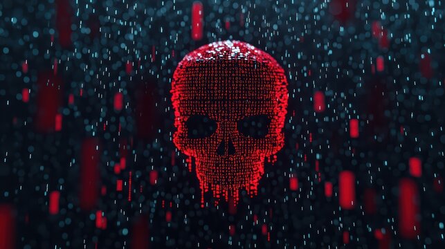 Digital skull made of binary code in a dark cyber environment