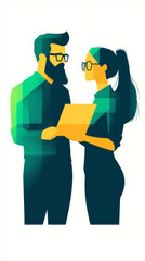 Fototapeta premium A man and a woman stand side by side, discussing a project.