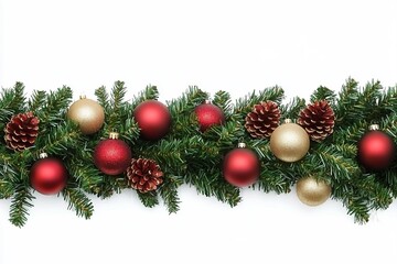 Christmas tree border and ornaments decoration isolated on white transparent