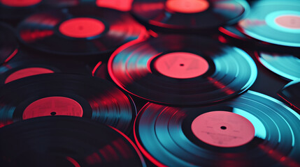 Vintage vinyl records with a red glow, symbolizing retro music and classic soundtracks