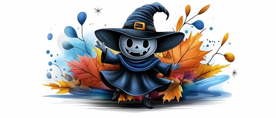 Whimsical Halloween Witch Character Surrounded by Fall Leaves and Colors, spooky season witch shadow