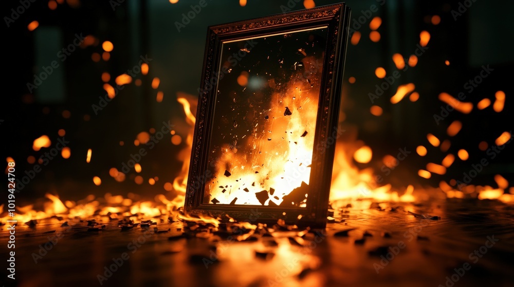 Poster A burning picture frame amidst bright flames and scattered ashes.