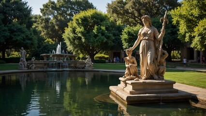 Fototapeta premium Show Athena guiding students by the Fountain of Wisdom, set against clear spring water and lush green gardens, symbolizing the transmission of education and wisdom.