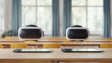 High-tech classroom with tablets and virtual reality headsets, 3D illustration