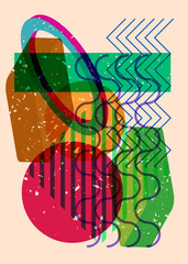 Colorful geometric shapes. Object in trendy riso graph design. Geometry elements abstract risograph print texture style.