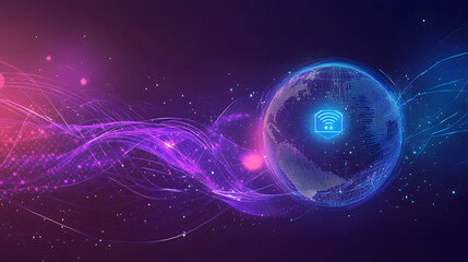Obraz premium Abstract technology background design with a blue gradient and glowing light effects design, an AI icon in the center of the planet Earth on a dark purple background design