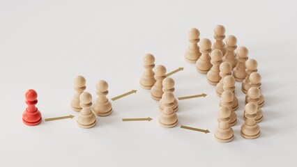 Obraz premium 3D illustration of pawns over white background showing the principle of information and influence propagation in social networks.3D rendering on white background. 