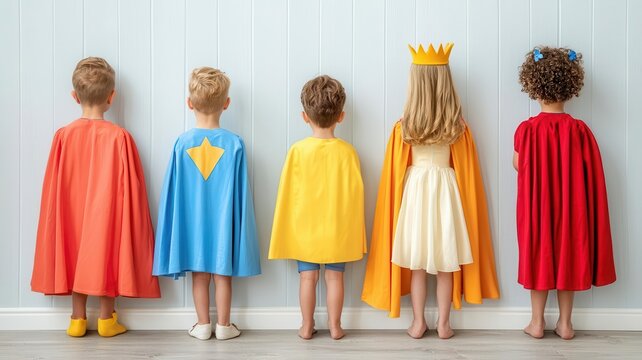 Kids dressing up in costumes from a dressup box, pretending to be superheroes and princesses   costume play, imaginative fun
