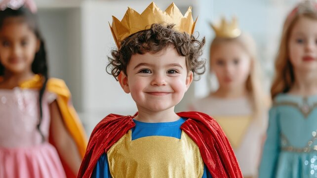 Kids dressing up in costumes from a dressup box, pretending to be superheroes and princesses   costume play, imaginative fun