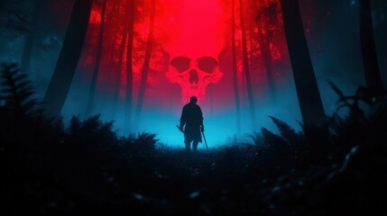 Fototapeta premium Mysterious figure in the forest under dramatic red lighting with skull backdrop.