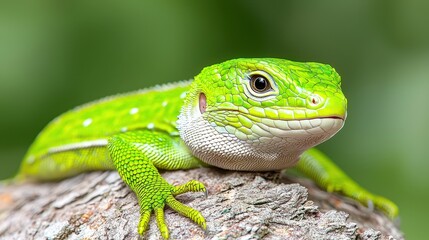 Fototapeta premium Green Lizard Close Up on Tree Branch Reptile Wildlife Nature Photography