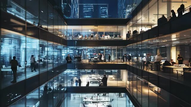 Timelapse of Office Life at Night in a Skyscraper