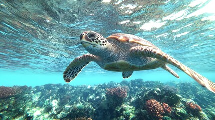 Fototapeta premium Sea Turtle Swimming Underwater Near Coral Reef in the Ocean