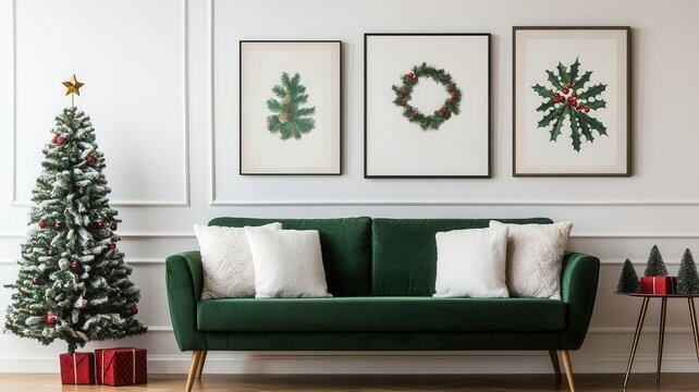 Living room with a gallery wall of Christmasthemed art, including vintage holiday posters and festive prints   artistic Christmas, creative decor