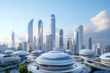 A breathtaking futuristic cityscape featuring sleek glass domes towering skyscrapers and innovative suspended architectural bridges