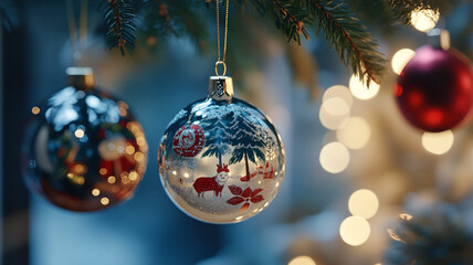 Obraz premium Christmas Day ornaments hanging on a beautifully decorated tree with twinkling lights