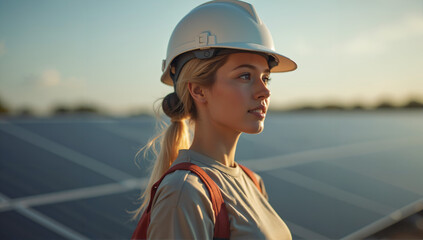 Female engineer stares thoughtfully, planning for solar farm, clean energy management generative Ai image
