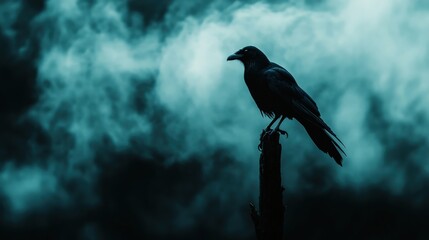 Fototapeta premium Silhouette of a raven perched on a post against a moody sky.