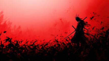 Fototapeta premium Silhouette of a warrior against a dramatic red background.