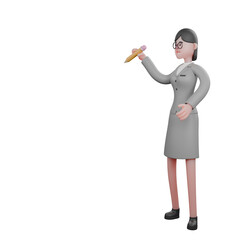 News Male Journalist. A female journalist stands facing left holding a pencil in her left hand. 3D Professional Character