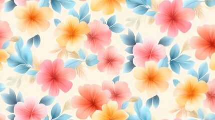 Fototapeta premium Vibrant floral pattern with colorful tropical flowers and leaves.