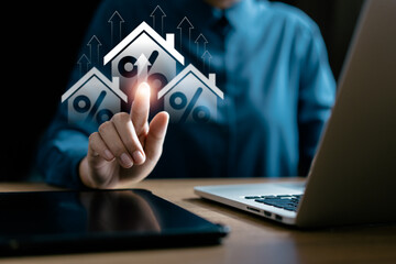 Interest rate and mortgage loan concept, Businesswoman analyze interests rate house increase trend follow up economic growth and inflation, Macroeconomics, real estate, income, marketing and profit.