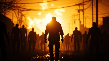 Fototapeta premium Silhouetted figures in a post-apocalyptic scene with a fiery background.