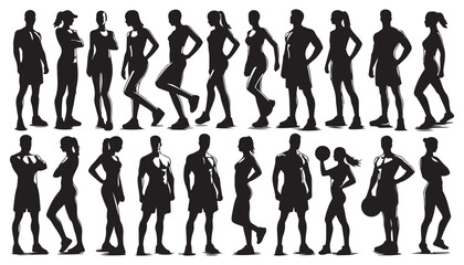 men and women, figures of a group of standing sports  silhouette vector illustration black and white art