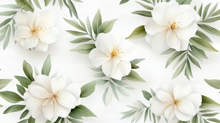 Obraz premium White flowers with green leaves on a white background, elegant nature design.