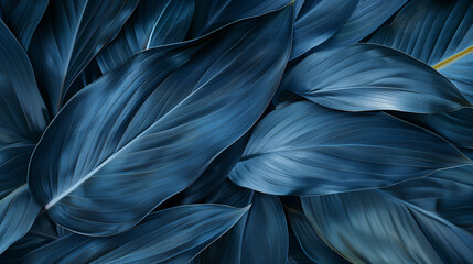 Obraz premium Dark blue tropical leaves in an abstract pattern showcasing nature's beauty with rich textures