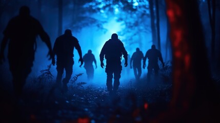 Silhouettes of figures walking through a misty forest with blue lighting.