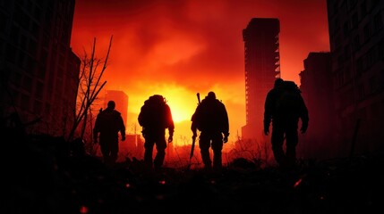 Fototapeta premium Silhouettes of people walking against a fiery sunset in a desolate urban landscape.