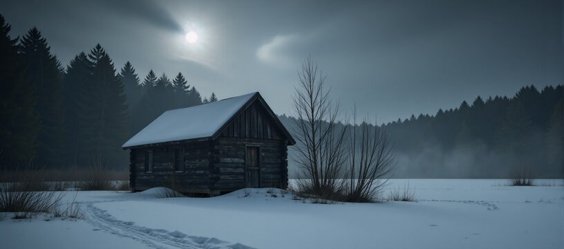 A chilling winter landscape shrouded in moonlight and eerie mist