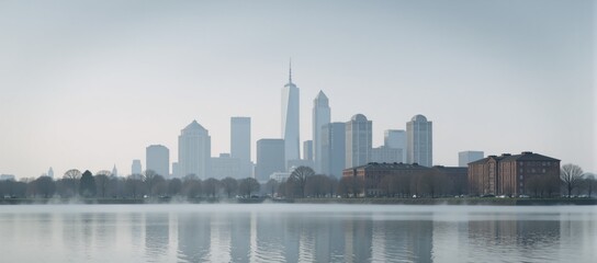 Fototapeta premium Morning fog over a modern city skyline creates a moody atmospheric urban landscape