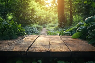 serene forest clearing with a rustic wooden table dappled sunlight filtering through lush green canopy soft focus background emphasizes the tables weathered texture and natural surroundings