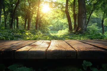 serene forest clearing with a rustic wooden table dappled sunlight filtering through lush green canopy soft focus background emphasizes the tables weathered texture and natural surroundings
