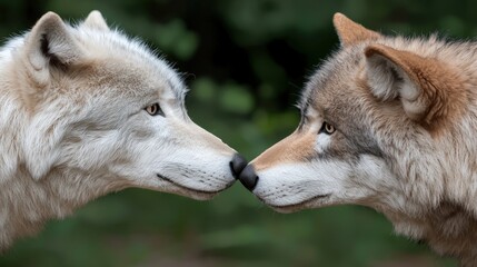 Obraz premium Close Up of Two Wolves Nosing Each Other in a Forest