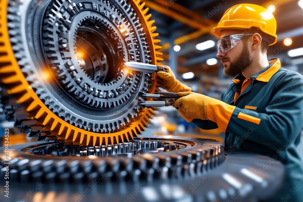 Poster Hyper-realistic depiction of an engineer using precision tools to reverse engineer a complex mechanical part, with detailed textures of metal and tools