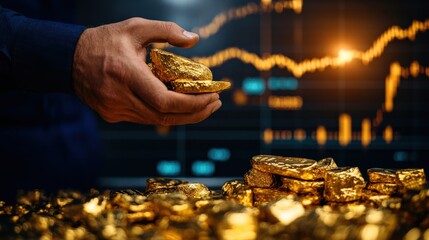 Obraz premium Wealth management concept with gold bars and financial data in background.