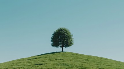 Fototapeta premium Solitary Tree on Green Hill Against Clear Blue Sky Minimalist Nature Landscape