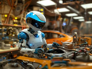 Fototapeta premium AI-Generated image of A sophisticated robot mechanic is diligently working on a car's engine in a modern automotive workshop, surrounded by various tools and machinery. The vibrant setting showcases a