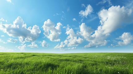 Obraz premium Green meadow under blue sky with clouds