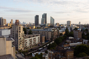 Angular shot of the cityscape of the London skyline during a sunset