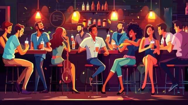 Cartoon vector A festive scene in a pub with friends clinking glasses, a bar full of drinks, and decorations like streamers and balloons